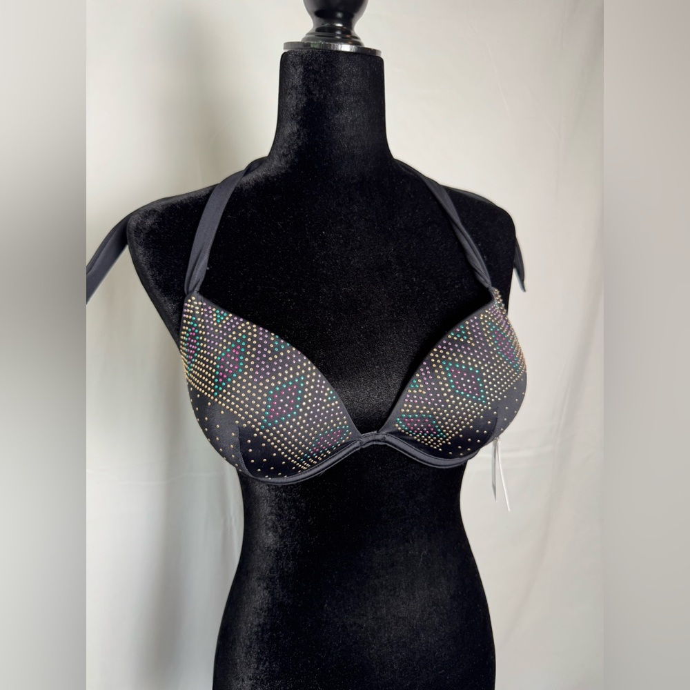 Shade & Shore 34C Black Rhinestone Padded Halter Neck Swim Top